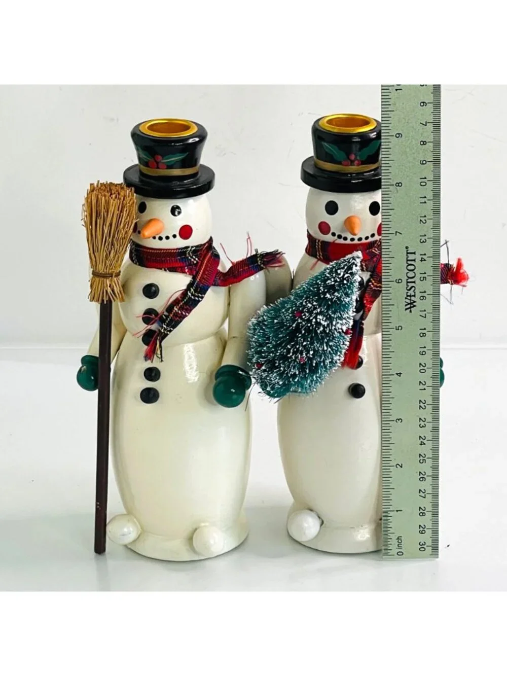 Vintage 1990s Christmas Wooden Snowman Candlestick Holder Taper 9